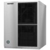 A stainless steel Hoshizaki commercial ice maker with two black ventilation grilles on the front.