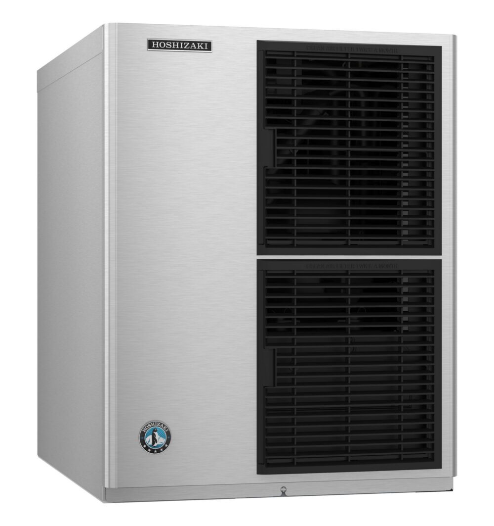 A stainless steel Hoshizaki commercial ice maker with two black vented panels on the front.