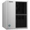 A stainless steel Hoshizaki commercial ice maker with two black vented panels on the front.