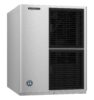 A stainless steel Hoshizaki commercial ice maker with two black vented panels on the front.