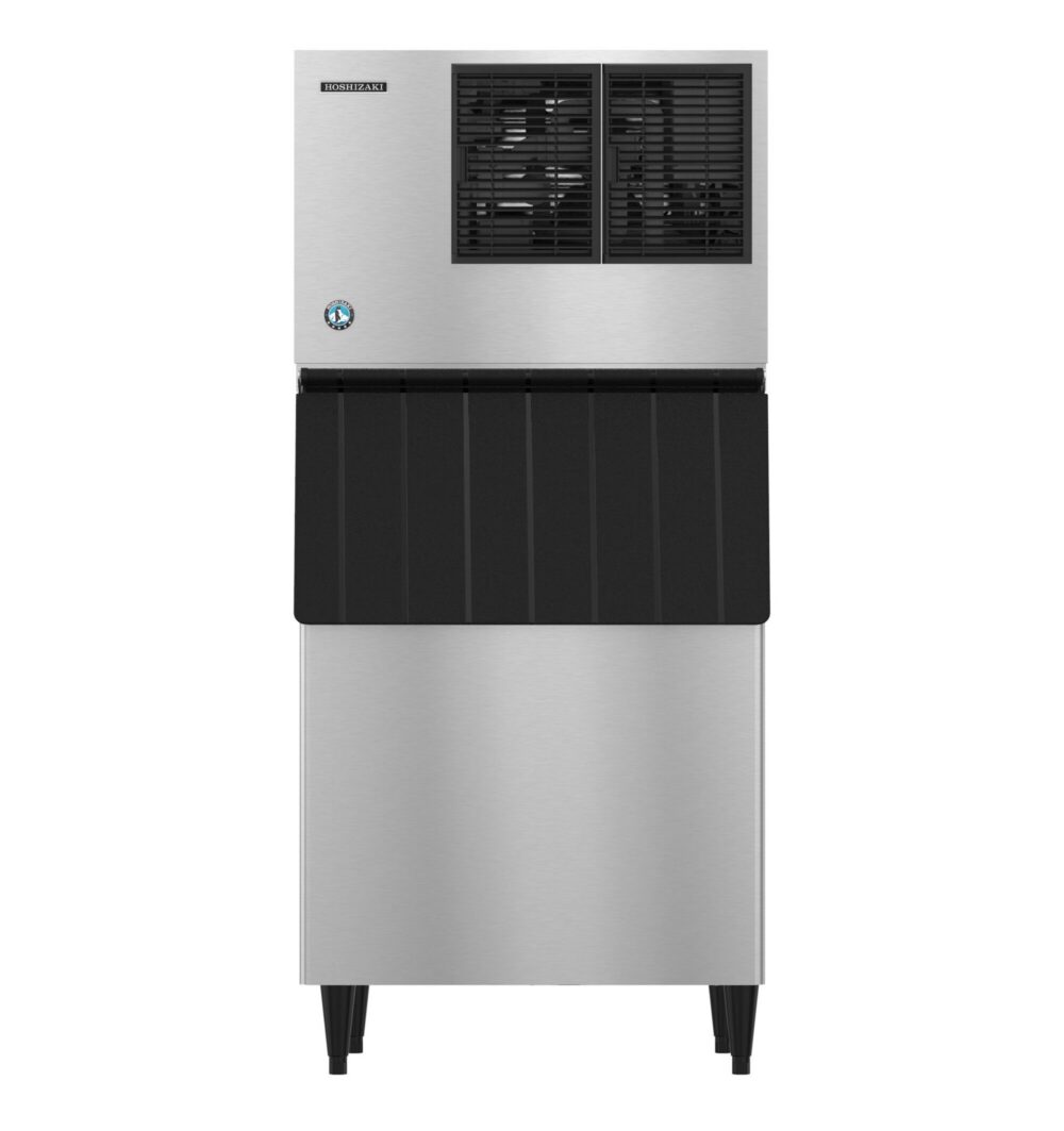 Commercial stainless steel ice maker with a black storage bin, standing on four legs, viewed from the front.