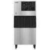 Commercial stainless steel ice maker with a black storage bin, standing on four legs, viewed from the front.