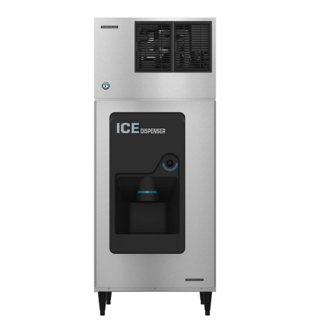 A commercial stainless steel ice dispenser with a black dispensing area, standing on four legs against a white background.