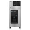 A commercial stainless steel ice dispenser with a black dispensing area, standing on four legs against a white background.