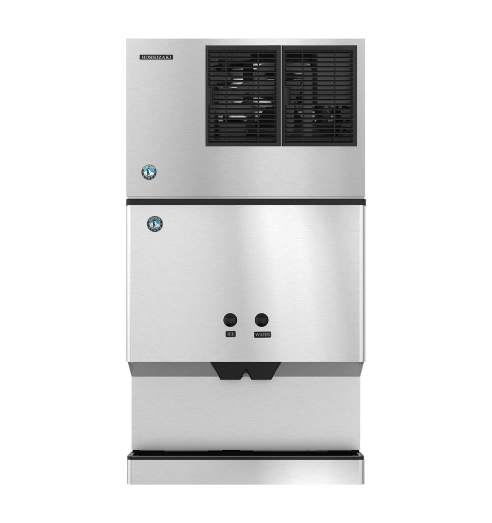 A stainless steel commercial ice and water dispenser with two push buttons and a vented top section.