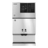 A stainless steel commercial ice and water dispenser with two push buttons and a vented top section.