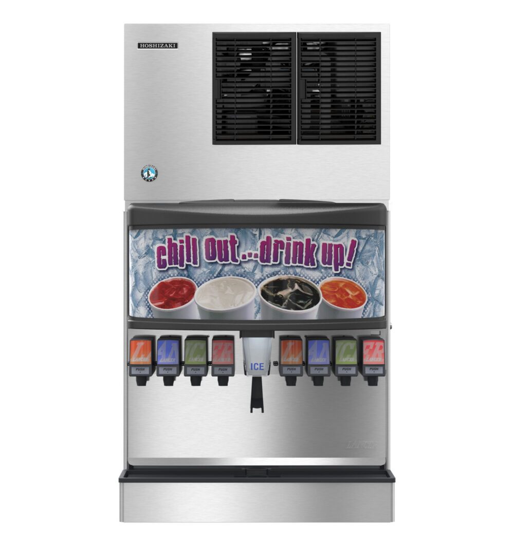 A commercial beverage dispenser with ice maker, featuring multiple drink options and a sign that says 