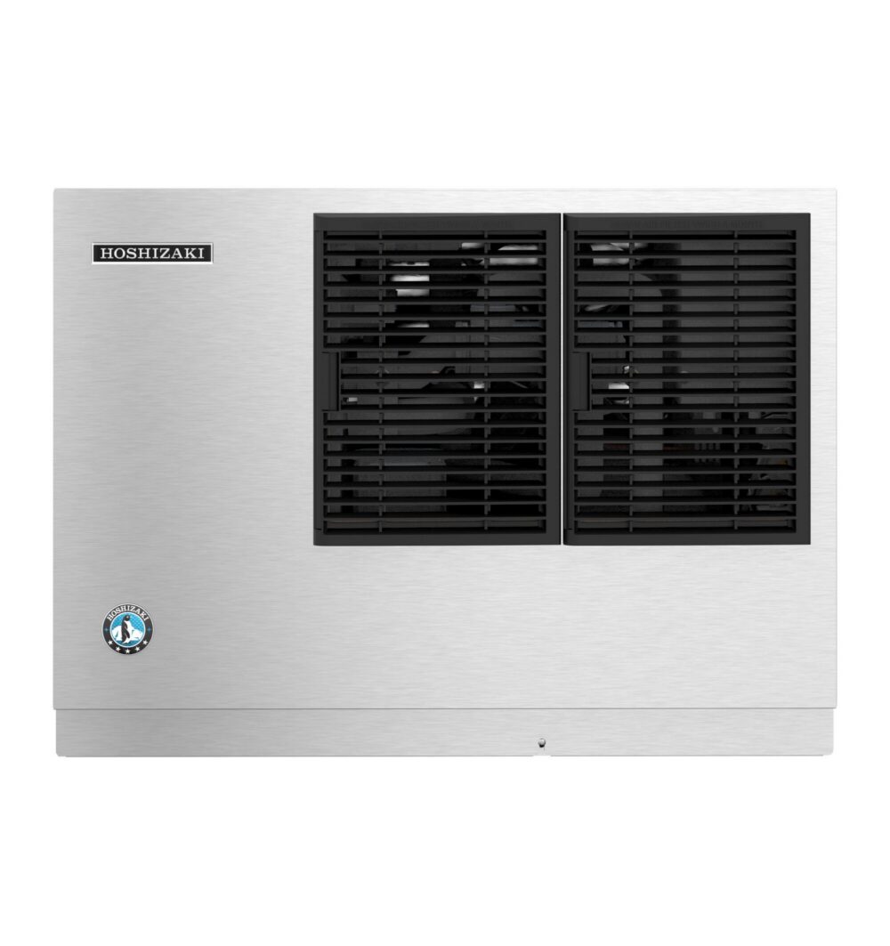 Front view of a Hoshizaki commercial ice machine with a stainless steel exterior and two black ventilation grills.