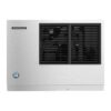 Front view of a Hoshizaki commercial ice machine with a stainless steel exterior and two black ventilation grills.