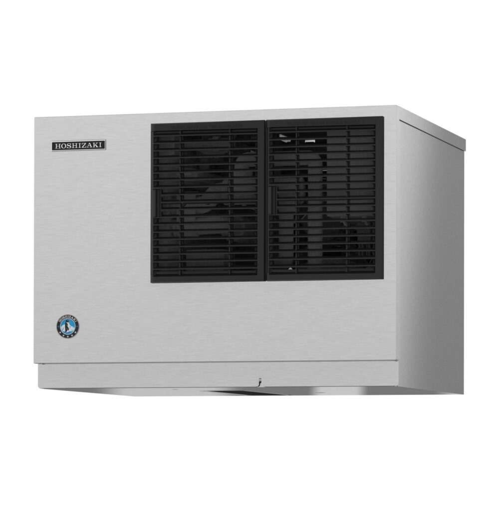 Stainless steel Hoshizaki commercial ice maker with dual black vents on the front and a logo badge on the lower left corner.