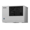Stainless steel Hoshizaki commercial ice maker with dual black vents on the front and a logo badge on the lower left corner.