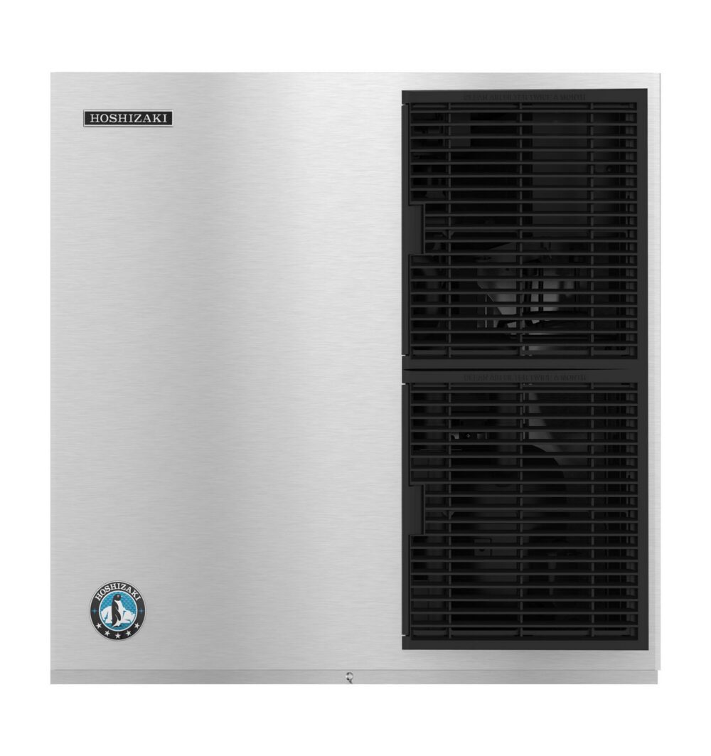 Front view of a stainless steel Hoshizaki commercial ice machine with black vent grilles and manufacturer logo on the bottom left.