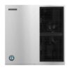 Front view of a stainless steel Hoshizaki commercial ice machine with black vent grilles and manufacturer logo on the bottom left.