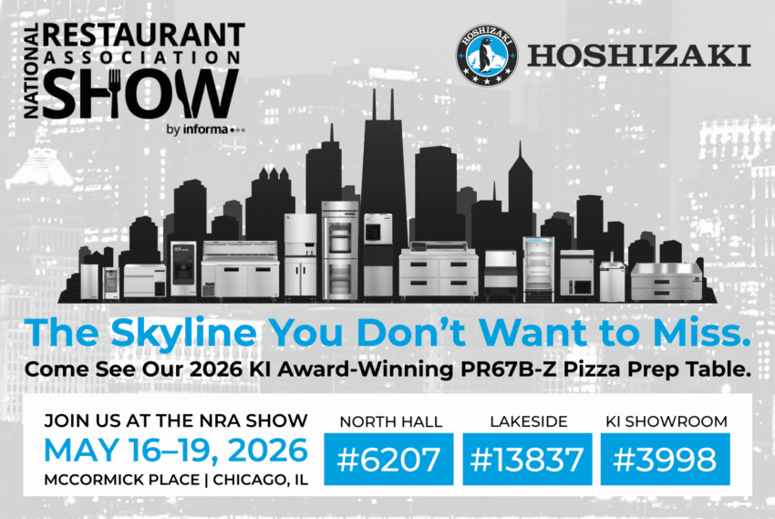 Advertisement for the 2026 National Restaurant Association Show in Chicago, promoting Hoshizaki’s PR67B-Z Pizza Prep Table with event dates, location, and booth numbers.