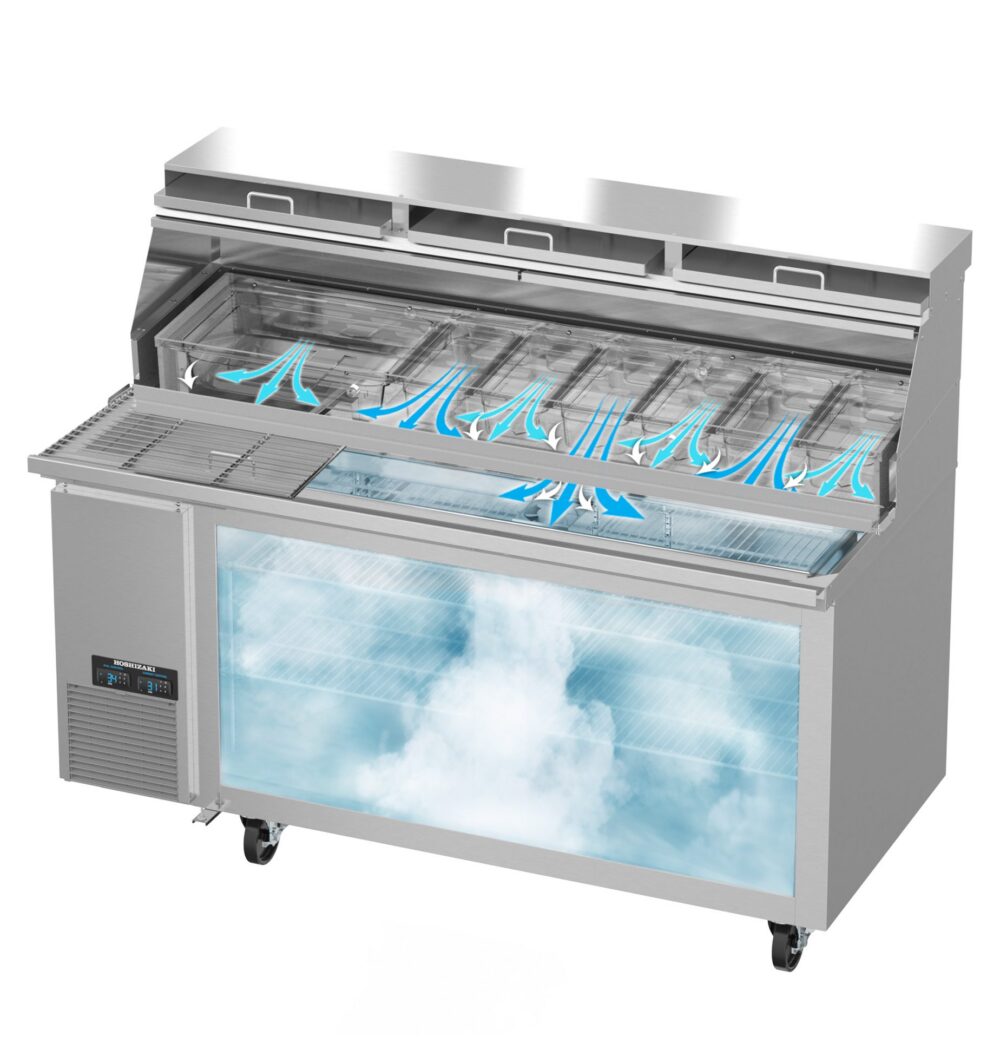 A stainless steel commercial refrigerator with open compartments on top, airflow arrows depicted above trays, and a glass door showing a cold, misty interior.