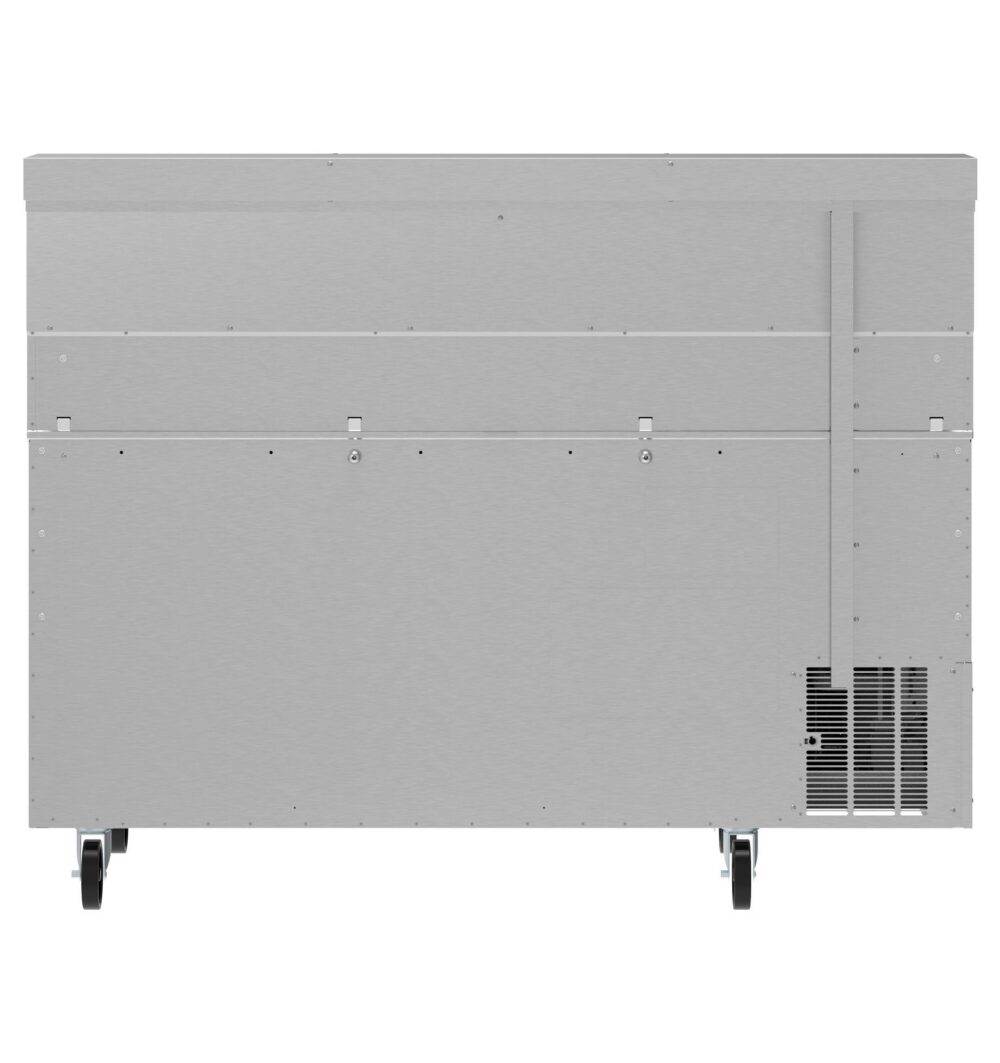 Stainless steel commercial refrigeration unit on wheels, viewed from the back, showing ventilation grate and panel seams.