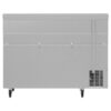 Stainless steel commercial refrigeration unit on wheels, viewed from the back, showing ventilation grate and panel seams.