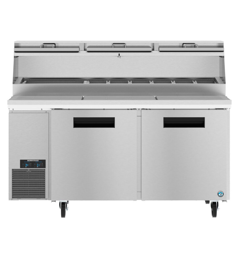 A stainless steel commercial refrigerator with two doors, a digital control panel, and a top section for storing food items in separate compartments.