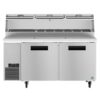 A stainless steel commercial refrigerator with two doors, a digital control panel, and a top section for storing food items in separate compartments.