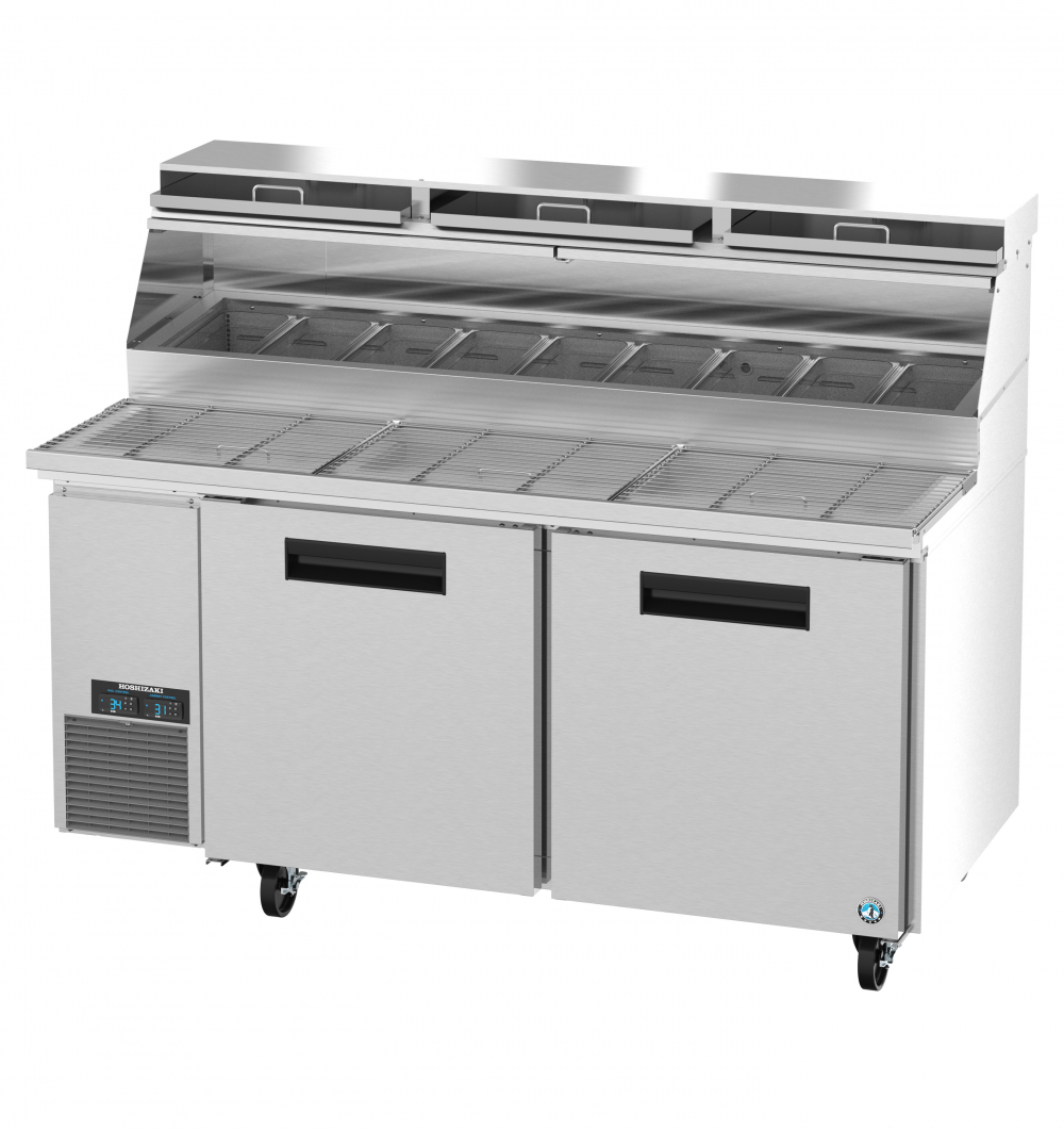 A stainless steel commercial refrigerator prep table with double doors, a prep rail with ingredient containers, and a top shelf for additional storage.