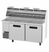 A stainless steel commercial refrigerator prep table with double doors, a prep rail with ingredient containers, and a top shelf for additional storage.