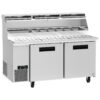 Stainless steel commercial prep table with refrigerated storage, ingredient bins on top, two doors below, and casters for mobility.