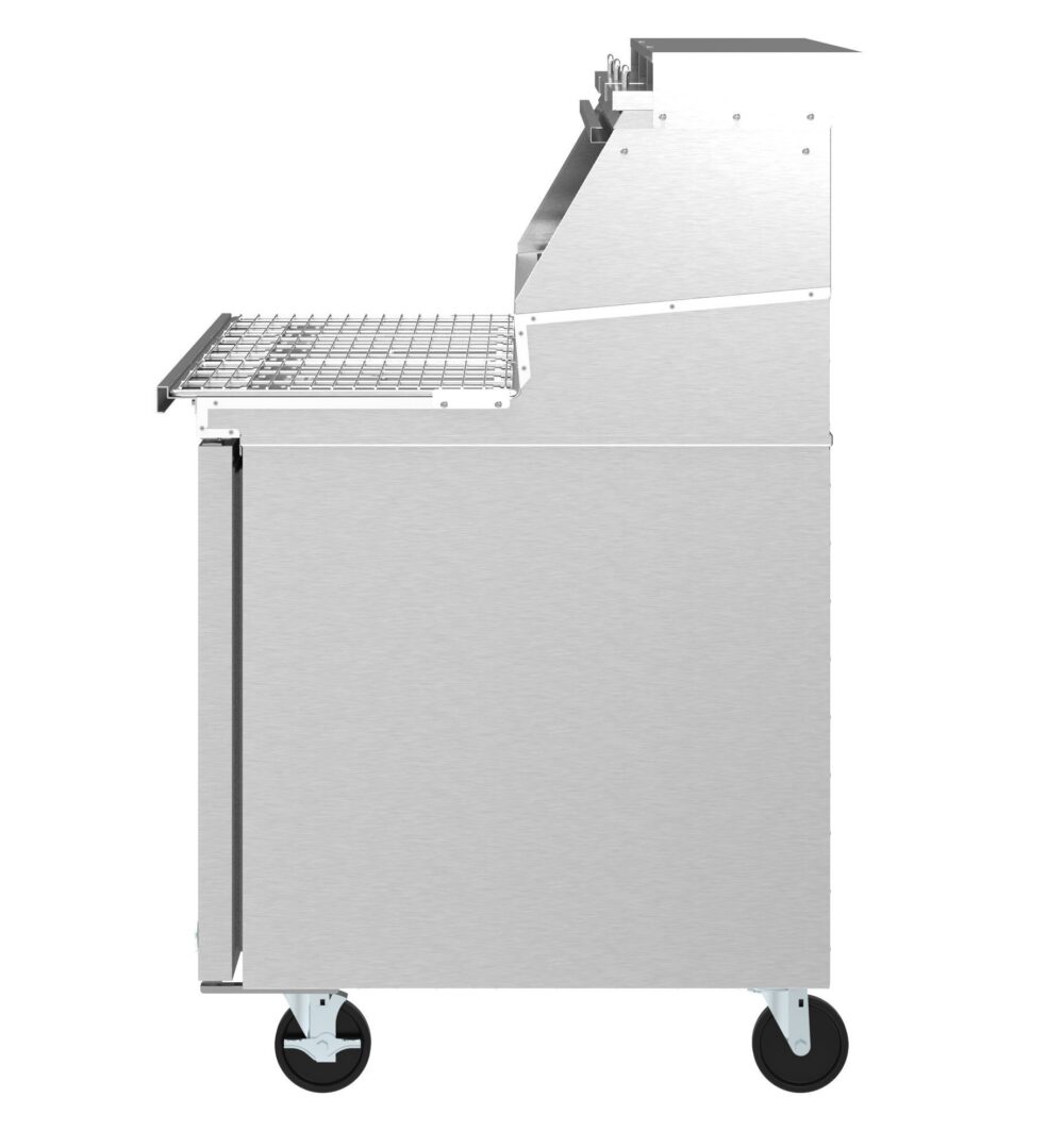 Side view of a stainless steel commercial cart with a wire shelf, enclosed storage, and caster wheels.