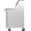Side view of a stainless steel commercial cart with a wire shelf, enclosed storage, and caster wheels.