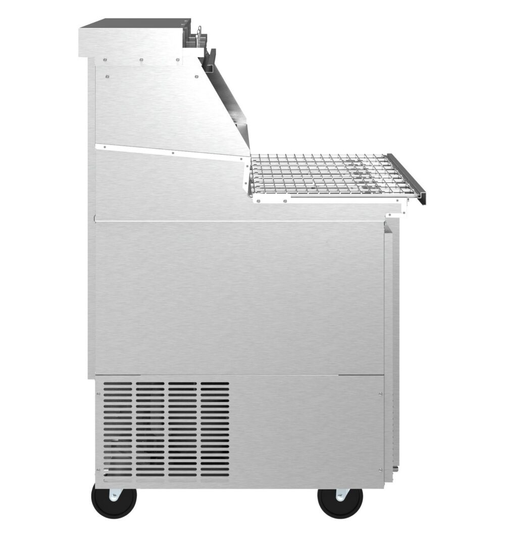 Side view of a stainless steel commercial kitchen appliance on wheels with a grated shelf and control panel, likely used for food preparation or refrigeration.