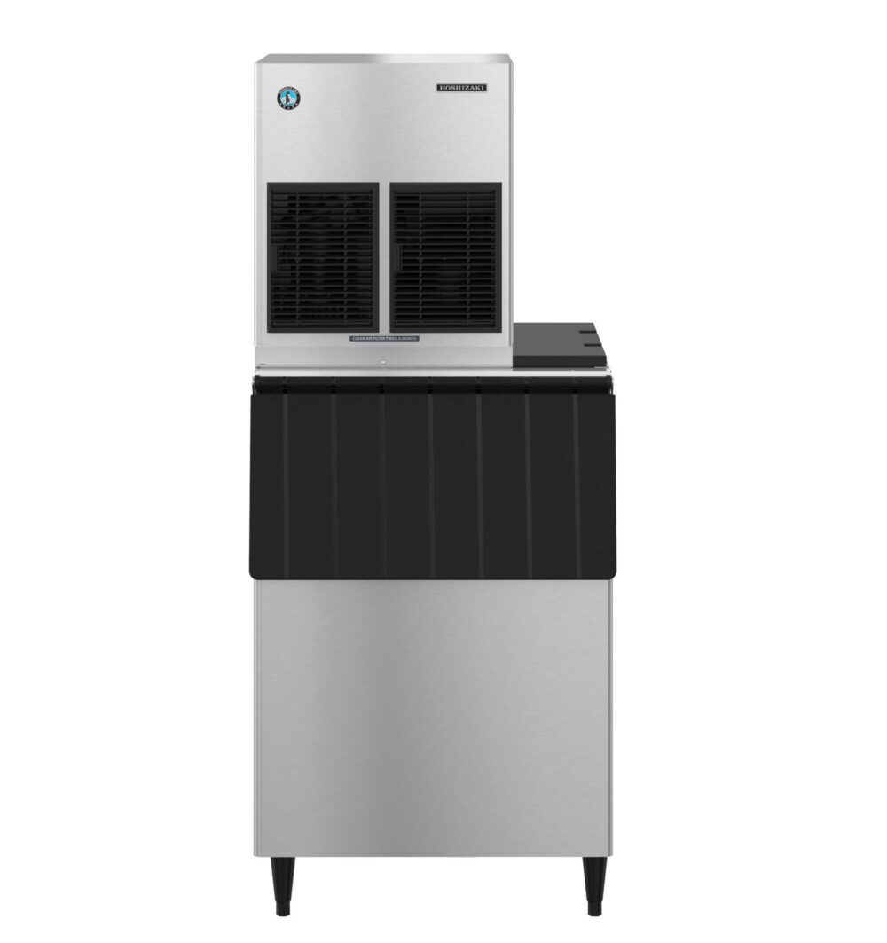 Commercial ice maker and storage bin unit with a stainless steel exterior and black trim, viewed from the front against a white background.