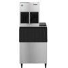 Commercial ice maker and storage bin unit with a stainless steel exterior and black trim, viewed from the front against a white background.