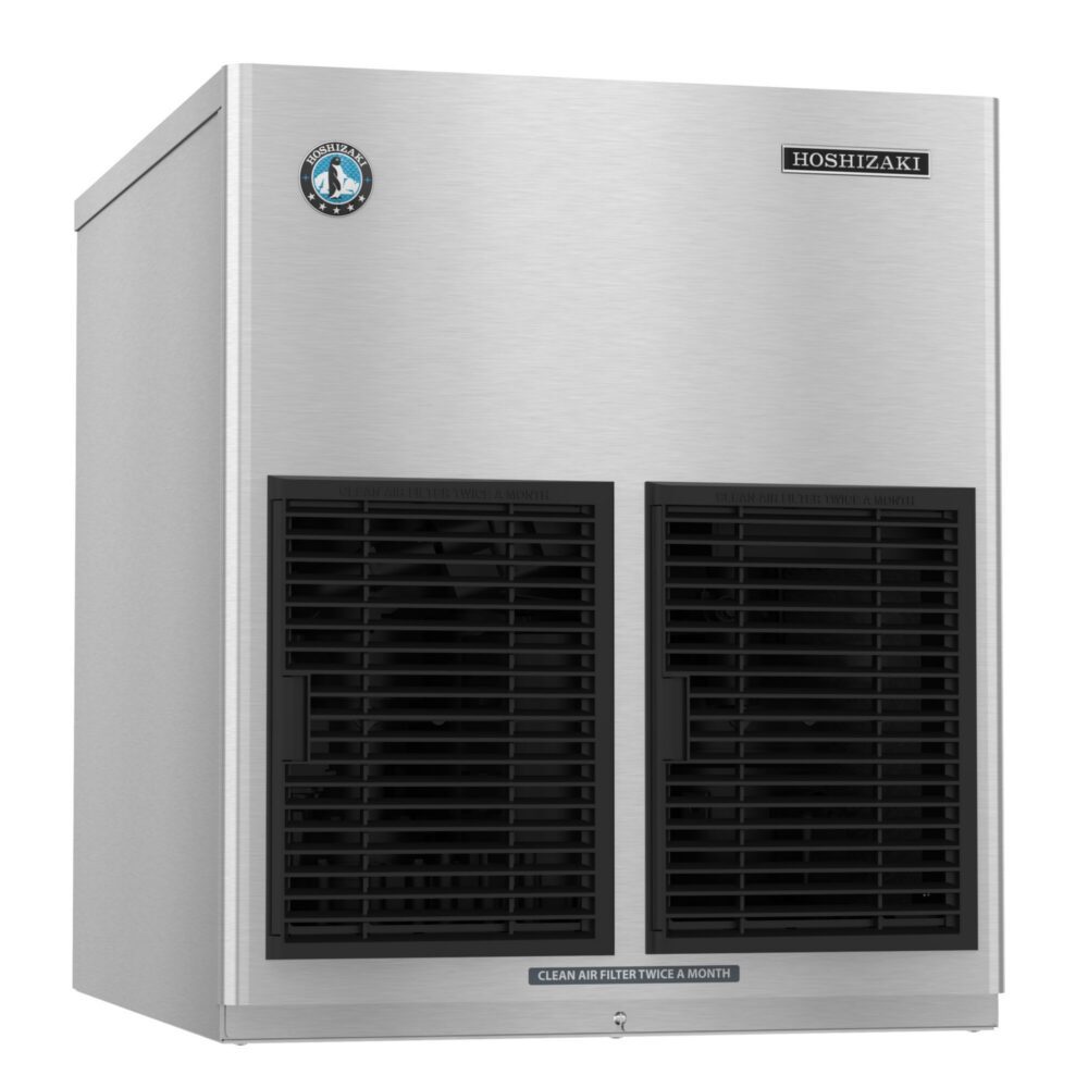 A stainless steel Hoshizaki commercial ice machine with front air vents and a maintenance sticker advising to clean the air filter twice a month.