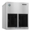A stainless steel Hoshizaki commercial ice machine with front air vents and a maintenance sticker advising to clean the air filter twice a month.
