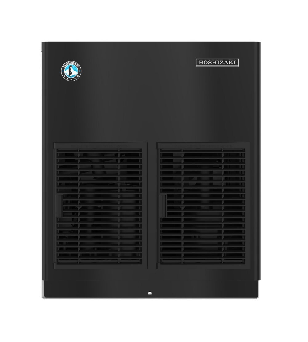 Front view of a black Hoshizaki ice machine with two ventilation grilles and two brand logos on the upper section.