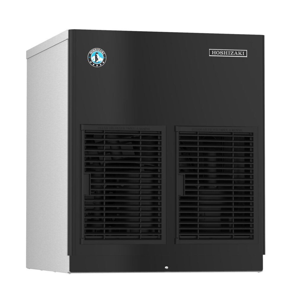 A black and stainless steel Hoshizaki commercial ice maker with two front vents and a Hoshizaki logo on the top right corner.