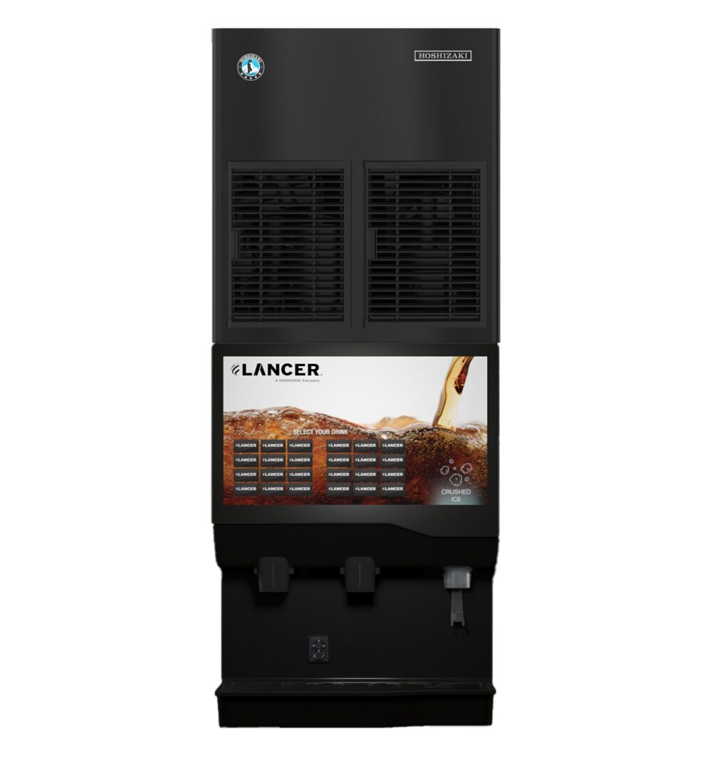 A black commercial soda fountain machine with multiple drink selection buttons, a digital display, and two dispensers.