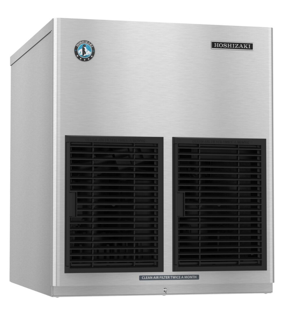 Stainless steel Hoshizaki ice machine with two black front vents and a label reading “Clean air filter twice a month.”.