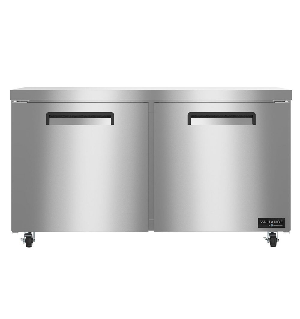 A stainless steel commercial refrigerator with two doors on casters, branded with a Valance logo in the bottom right corner.