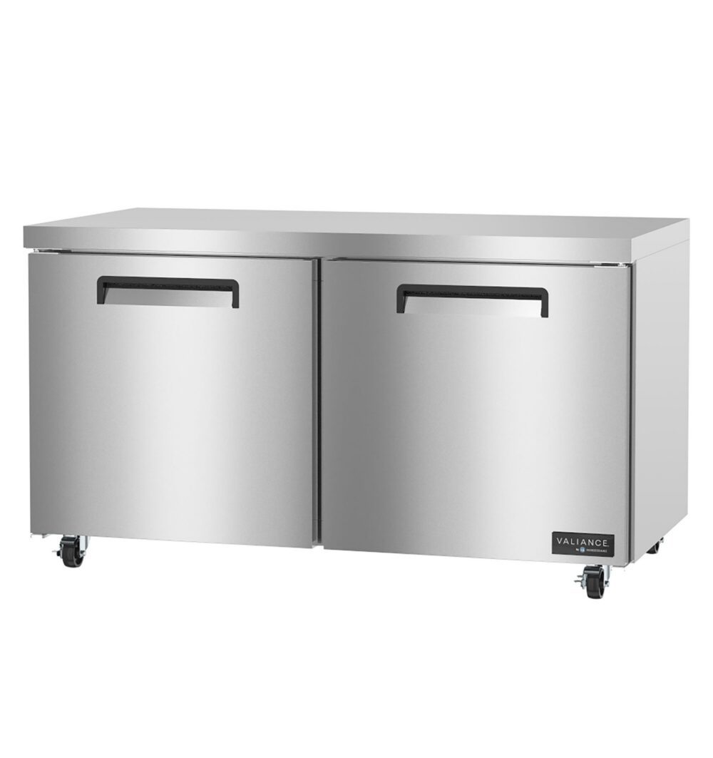A stainless steel commercial refrigerator with two doors and caster wheels, designed for kitchen or food service use.