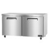 A stainless steel commercial refrigerator with two doors and caster wheels, designed for kitchen or food service use.