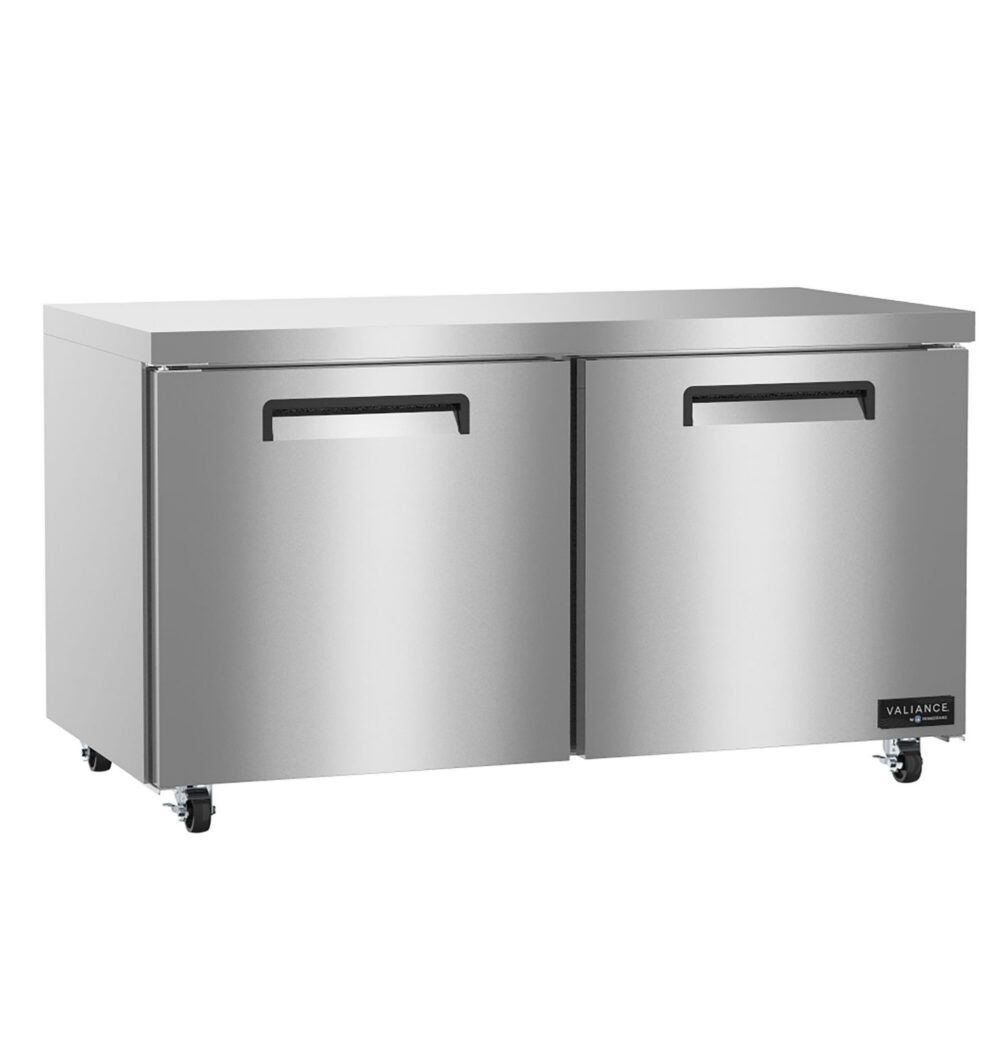 Stainless steel commercial refrigerator with two doors, black handles, and wheels for mobility, designed for use in professional kitchens.