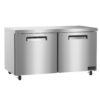 Stainless steel commercial refrigerator with two doors, black handles, and wheels for mobility, designed for use in professional kitchens.
