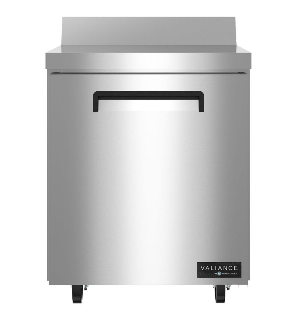Stainless steel commercial refrigerator with a single door, flat top, recessed handle, and wheels. Brand label