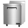 A stainless steel commercial refrigerator on wheels with a single door and a black handle, featuring a backsplash and a Valiance branded label on the front.