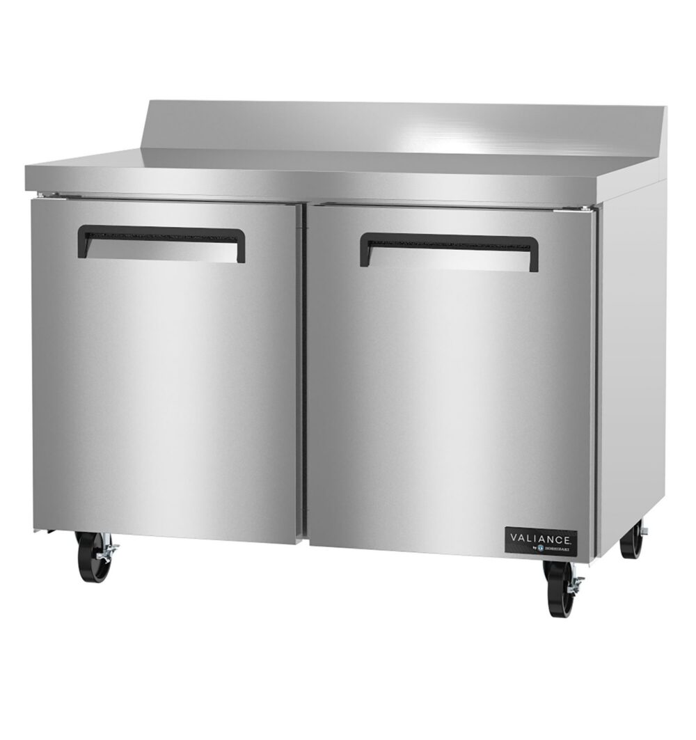 A stainless steel commercial refrigerator with two doors, a backsplash, and casters for mobility, against a white background.