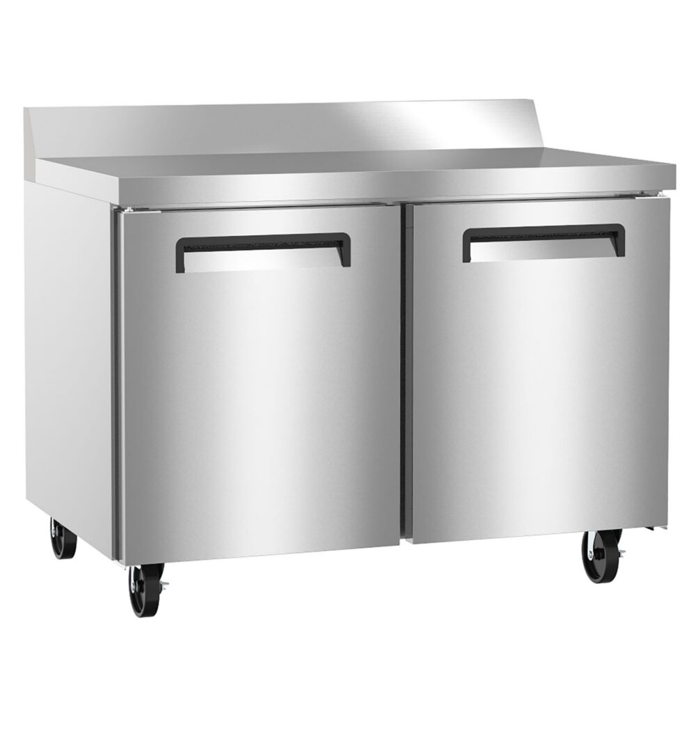 Stainless steel commercial refrigerator with two doors, black handles, a backsplash, and four caster wheels on the bottom.