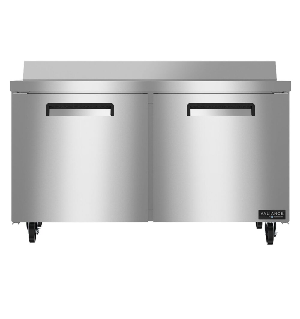 Stainless steel commercial refrigerator with two doors, black handles, casters, and a Valiance logo on the bottom right.
