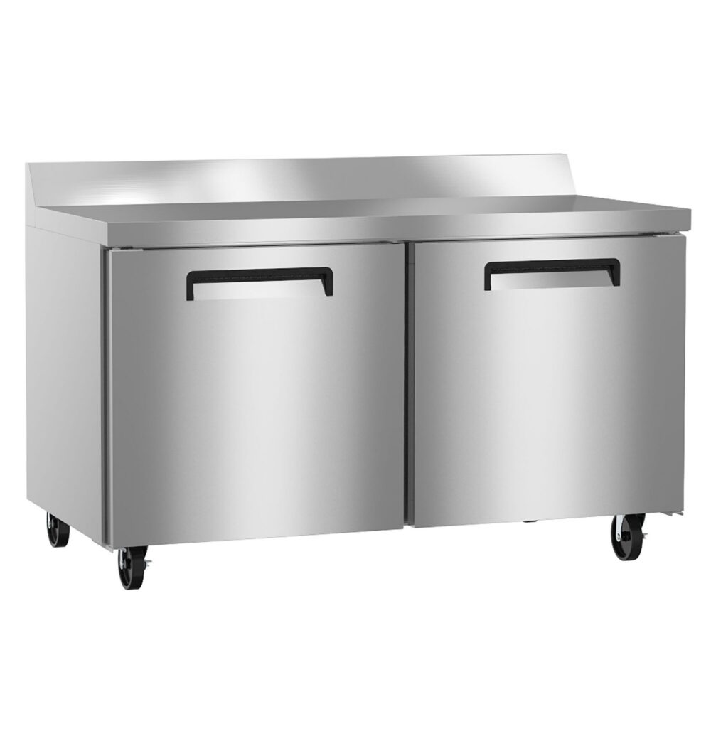 A stainless steel commercial refrigerator with two doors and wheels, designed for use in professional kitchens.