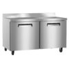 A stainless steel commercial refrigerator with two doors and wheels, designed for use in professional kitchens.