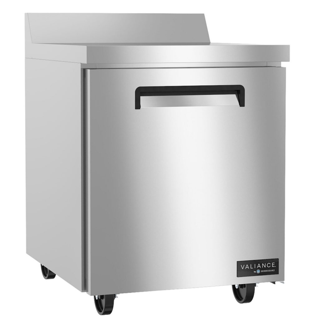 A stainless steel commercial refrigerator on wheels with a single door and a black handle, featuring the Valiance by Everidge brand label on the bottom right.